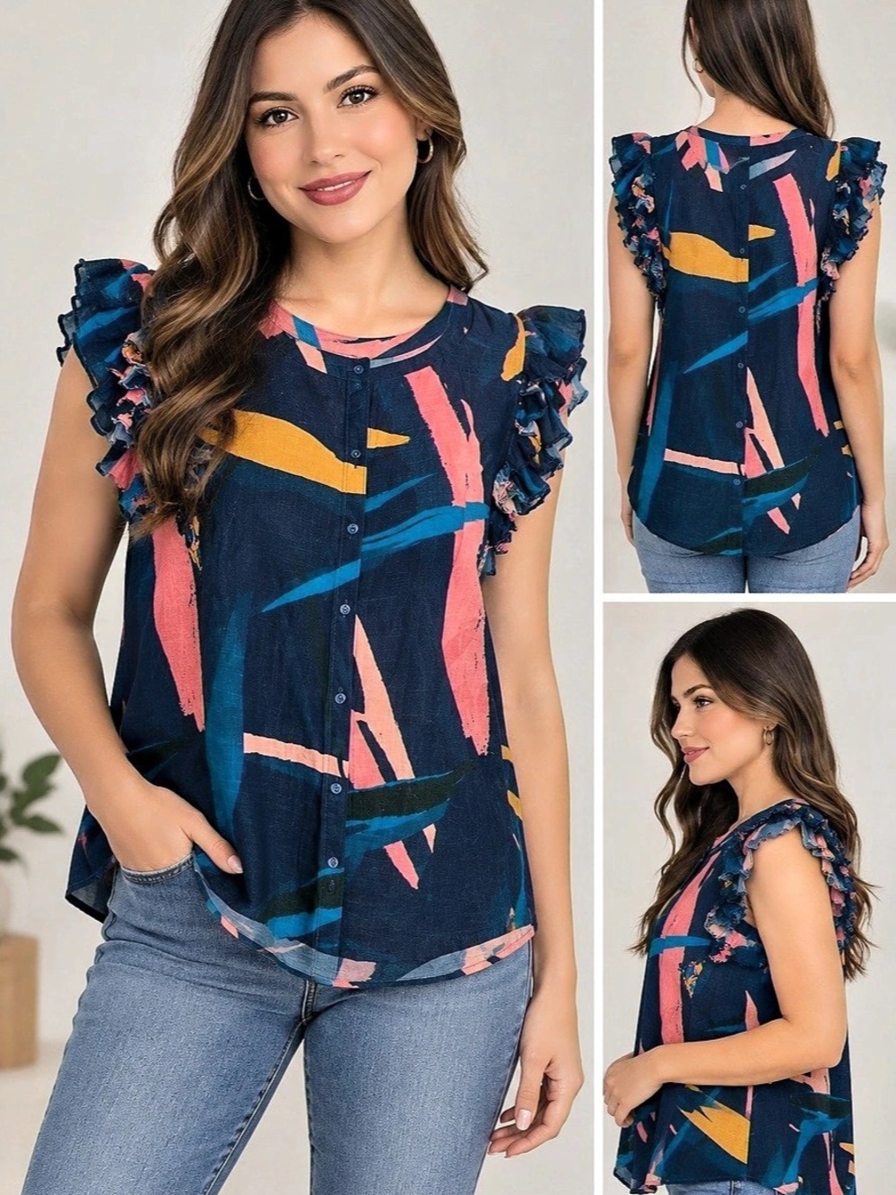 vineyard vines Abstract Ruffle Sleeve Blouse in Blue & Pink XL
